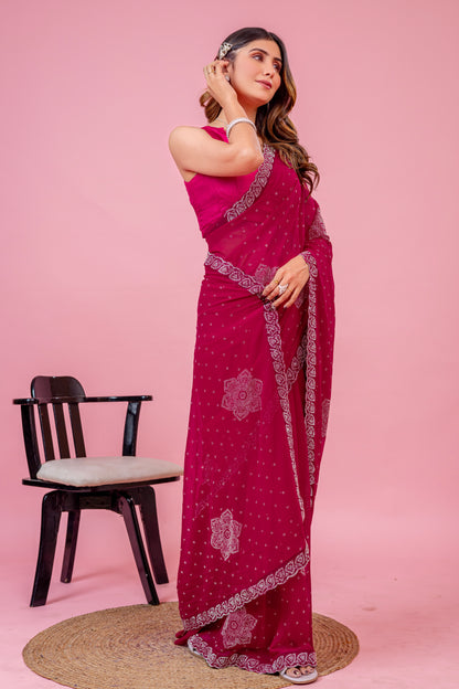 Leelavati Embroidered, Embellished Bollywood Georgette Saree (Pink)