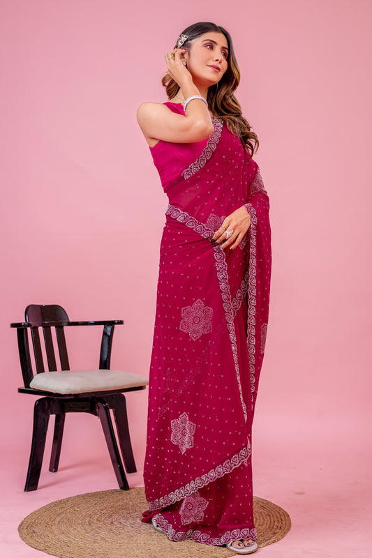 Leelavati Embroidered, Embellished Bollywood Georgette Saree (Pink)