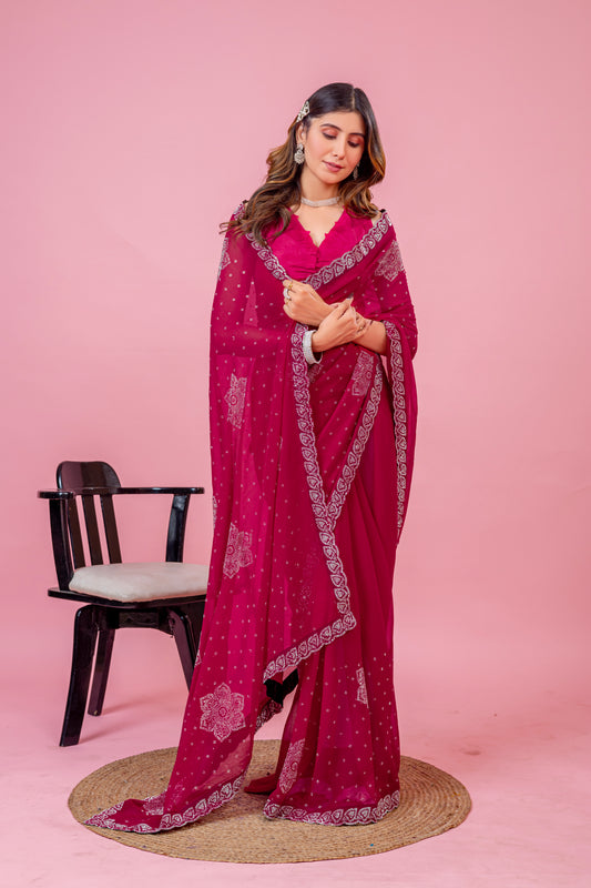 Leelavati Embroidered, Embellished Bollywood Georgette Saree (Pink)