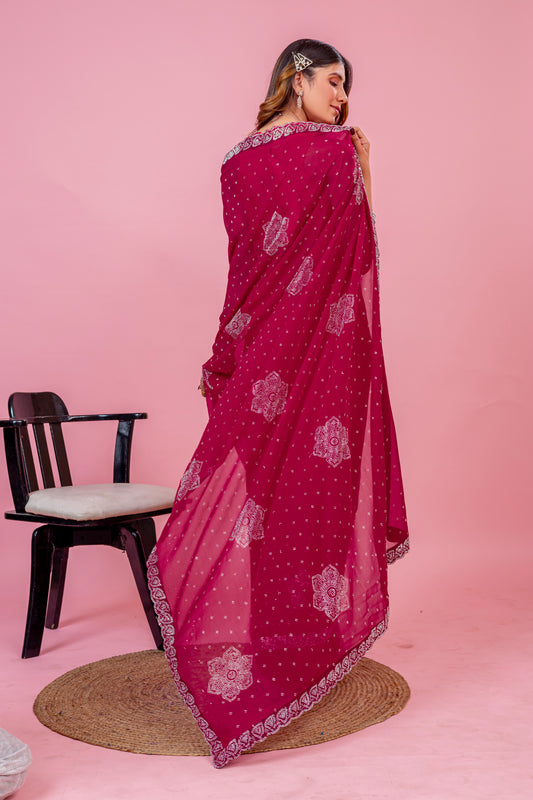 Leelavati Embroidered, Embellished Bollywood Georgette Saree (Pink)