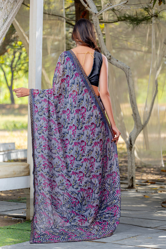 Leelavati Printed, Embellished, Embroidered Daily Wear Chiffon Saree (Grey)