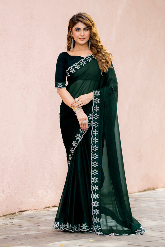 Leelavati Embroidered, Embellished Bollywood Georgette Saree (Blue)