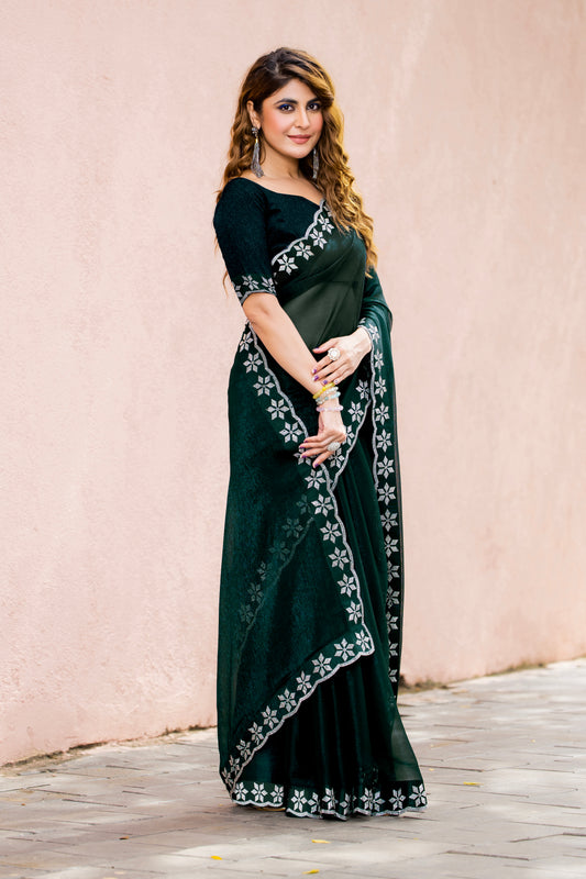 Leelavati Embroidered, Embellished Bollywood Georgette Saree (Blue)