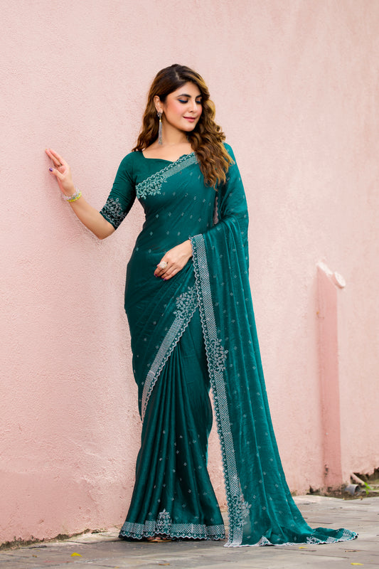 Leelavati Embroidered, Embellished Bollywood Georgette Saree (Blue)