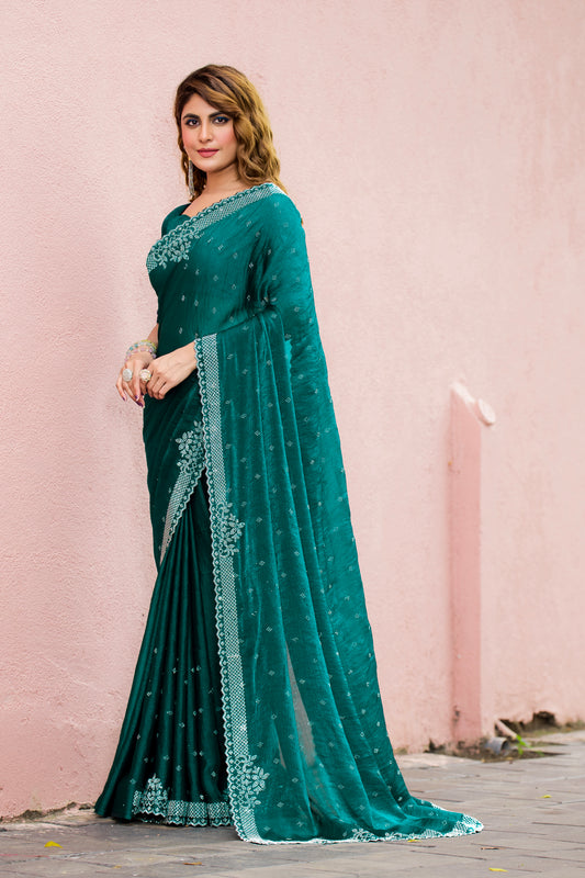 Leelavati Embroidered, Embellished Bollywood Georgette Saree (Blue)