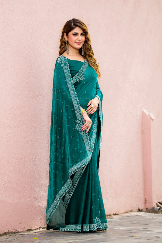 Leelavati Embroidered, Embellished Bollywood Georgette Saree (Blue)