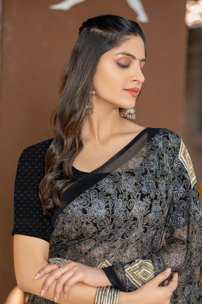 Leelavati Printed Daily Wear Chiffon Saree (Black)