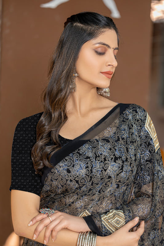 Leelavati Printed Daily Wear Chiffon Saree (Black)