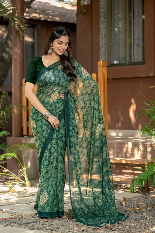 Leelavati Printed Daily Wear Chiffon Saree (Dark Green)