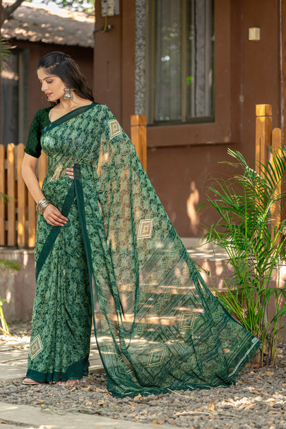 Leelavati Printed Daily Wear Chiffon Saree (Dark Green)