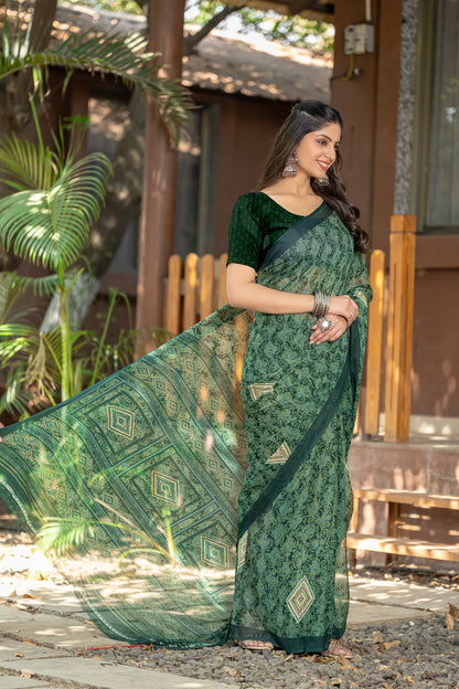 Leelavati Printed Daily Wear Chiffon Saree (Dark Green)