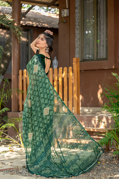 Leelavati Printed Daily Wear Chiffon Saree (Dark Green)
