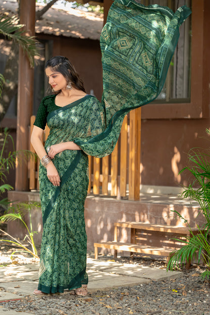 Leelavati Printed Daily Wear Chiffon Saree (Dark Green)