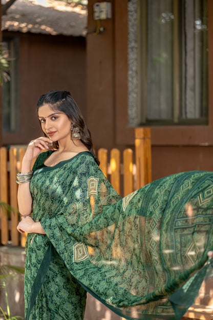 Leelavati Printed Daily Wear Chiffon Saree (Dark Green)