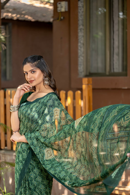 Leelavati Printed Daily Wear Chiffon Saree (Dark Green)