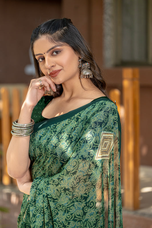 Leelavati Printed Daily Wear Chiffon Saree (Dark Green)