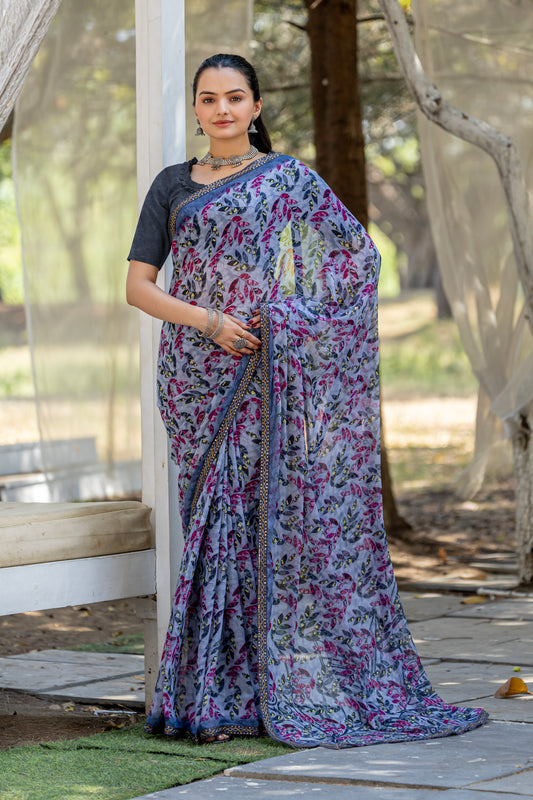 Leelavati Printed, Embellished, Embroidered Daily Wear Chiffon Saree (Grey)