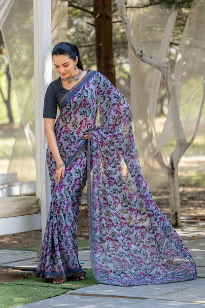 Leelavati Printed, Embellished, Embroidered Daily Wear Chiffon Saree (Grey)