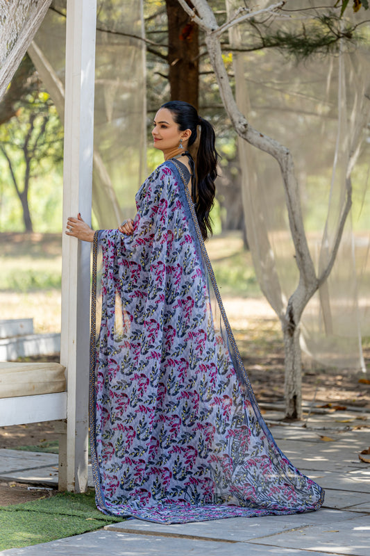 Leelavati Printed, Embellished, Embroidered Daily Wear Chiffon Saree (Grey)