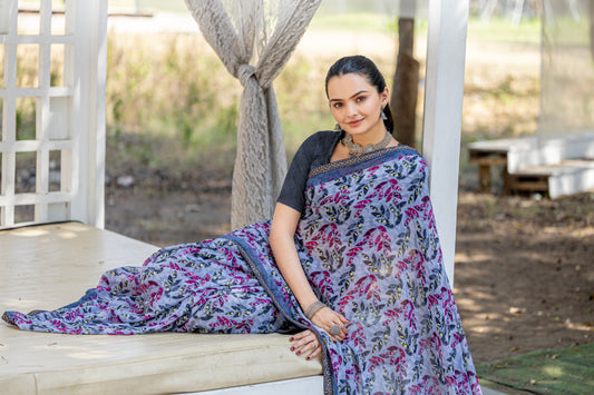 Leelavati Printed, Embellished, Embroidered Daily Wear Chiffon Saree (Grey)