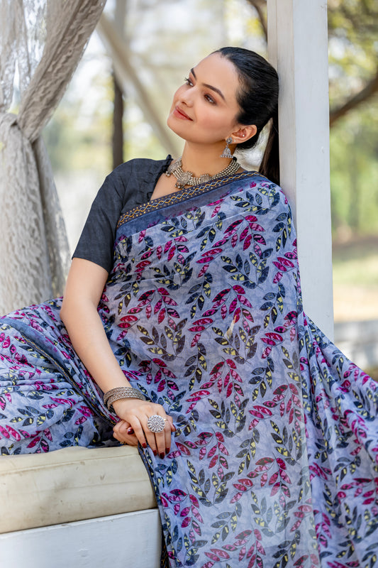 Leelavati Printed, Embellished, Embroidered Daily Wear Chiffon Saree (Grey)