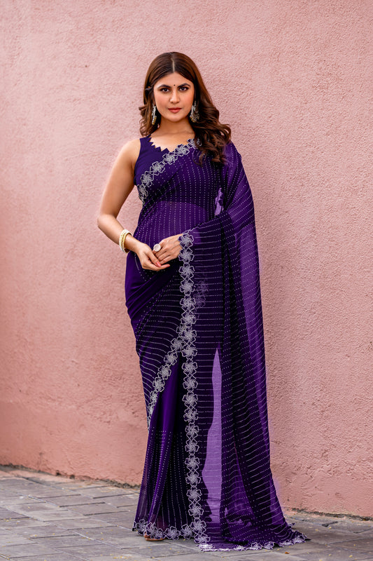 Leelavati Embroidered, Embellished Bollywood Georgette Saree (Purple)