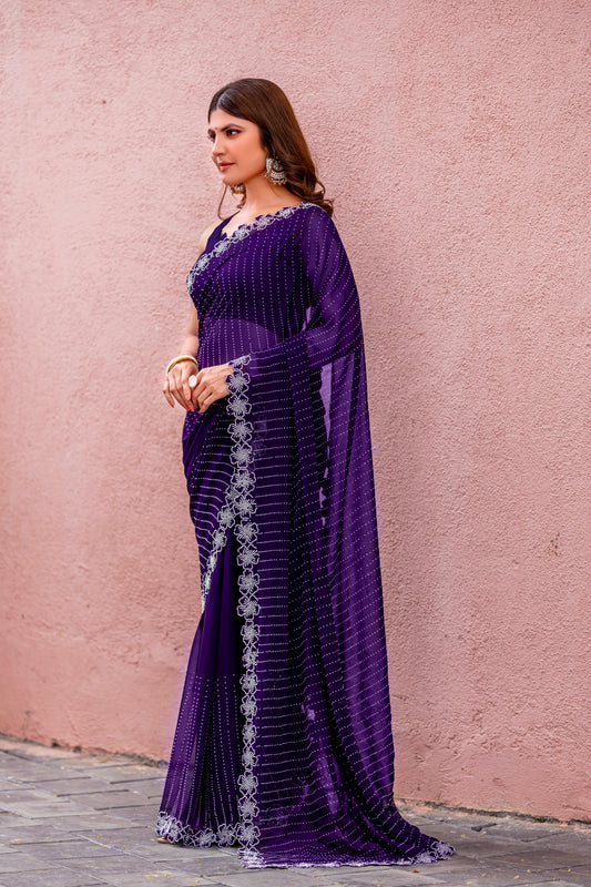 Leelavati Embroidered, Embellished Bollywood Georgette Saree (Purple)
