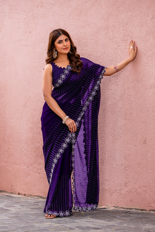 Leelavati Embroidered, Embellished Bollywood Georgette Saree (Purple)