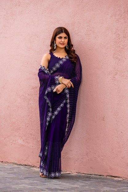 Leelavati Embroidered, Embellished Bollywood Georgette Saree (Purple)