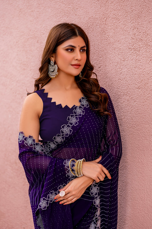 Leelavati Embroidered, Embellished Bollywood Georgette Saree (Purple)