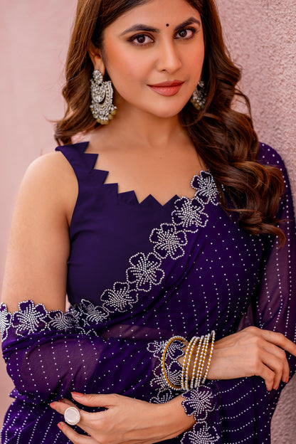 Leelavati Embroidered, Embellished Bollywood Georgette Saree (Purple)