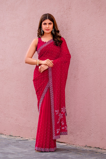 Leelavati Embroidered, Embellished Bollywood Georgette Saree (Red)