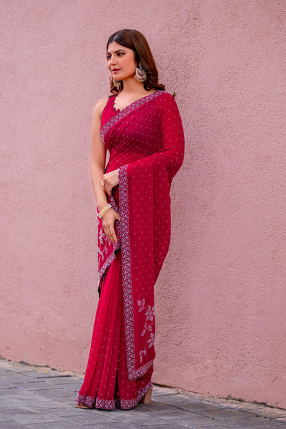 Leelavati Embroidered, Embellished Bollywood Georgette Saree (Red)
