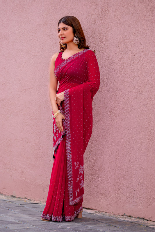Leelavati Embroidered, Embellished Bollywood Georgette Saree (Red)