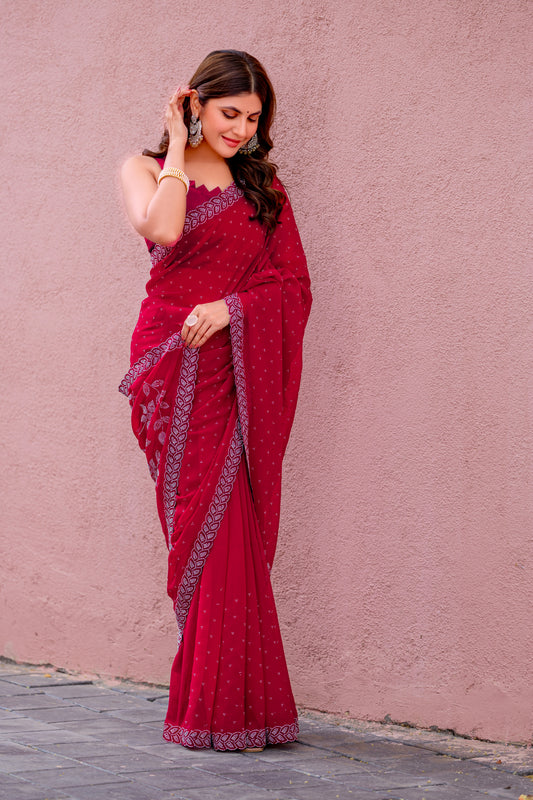 Leelavati Embroidered, Embellished Bollywood Georgette Saree (Red)
