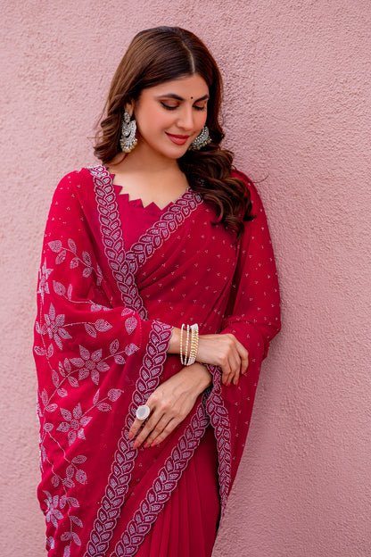 Leelavati Embroidered, Embellished Bollywood Georgette Saree (Red)