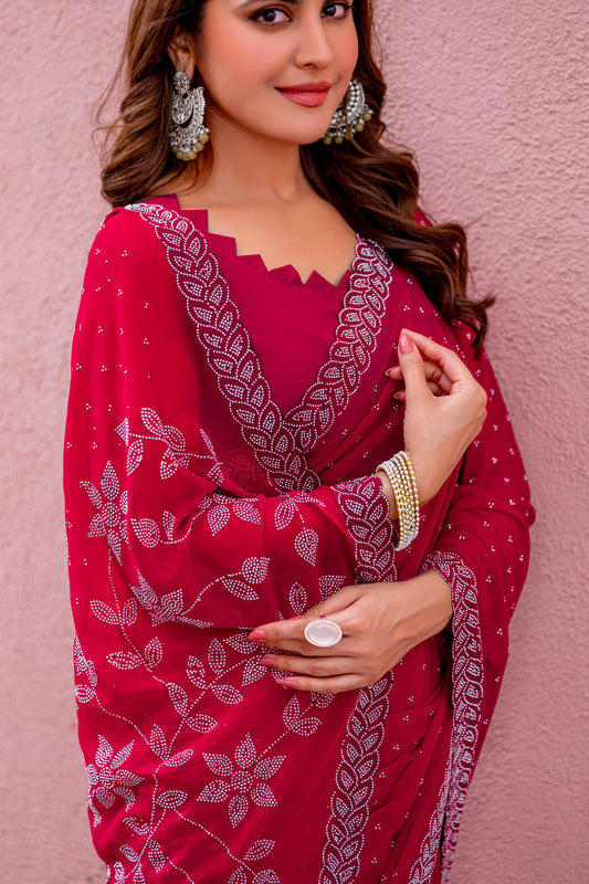 Leelavati Embroidered, Embellished Bollywood Georgette Saree (Red)