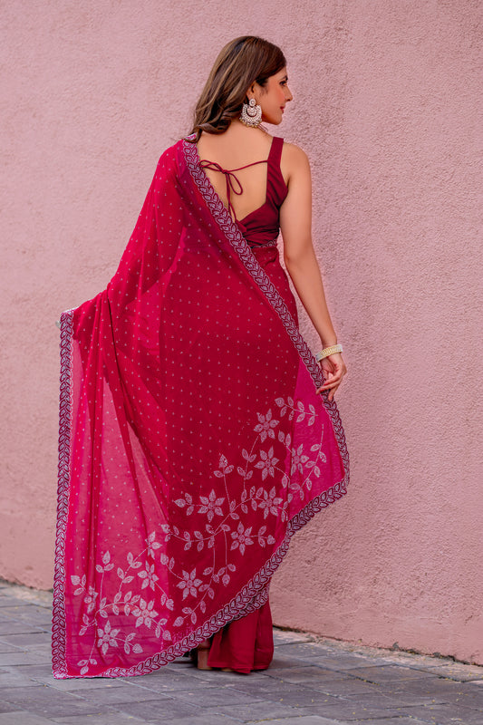 Leelavati Embroidered, Embellished Bollywood Georgette Saree (Red)