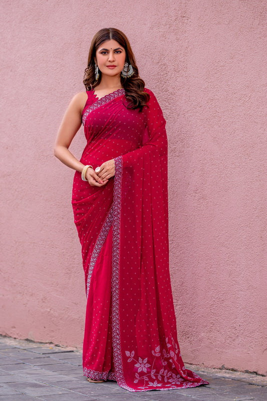 Leelavati Embroidered, Embellished Bollywood Georgette Saree (Red)
