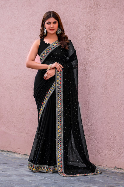 Leelavati Striped, Embroidered Bandhani Georgette Saree (Black)