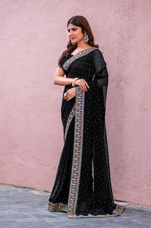 Leelavati Striped, Embroidered Bandhani Georgette Saree (Black)