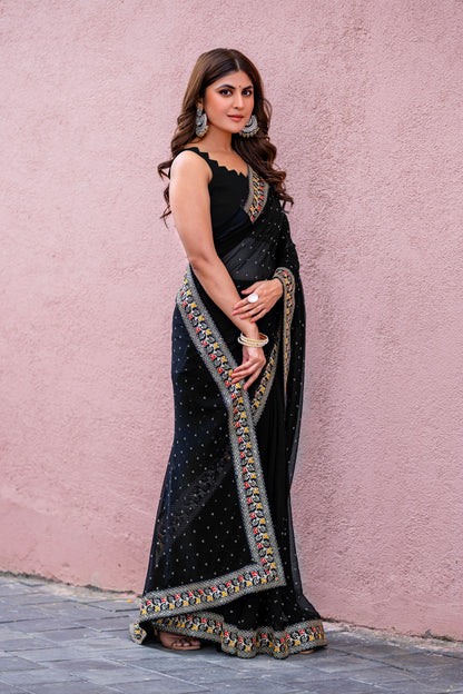 Leelavati Striped, Embroidered Bandhani Georgette Saree (Black)