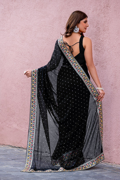 Leelavati Striped, Embroidered Bandhani Georgette Saree (Black)