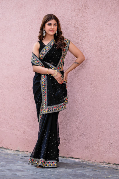 Leelavati Striped, Embroidered Bandhani Georgette Saree (Black)