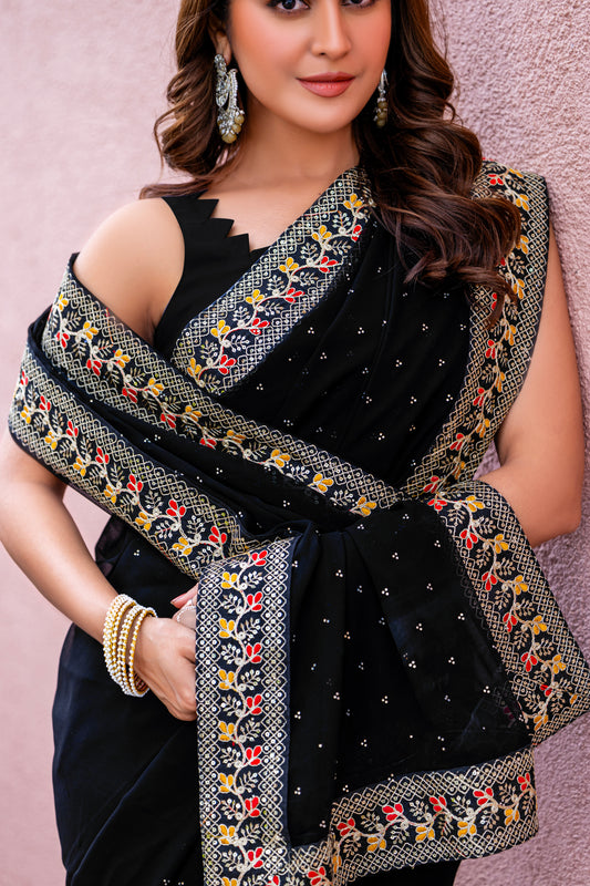 Leelavati Striped, Embroidered Bandhani Georgette Saree (Black)