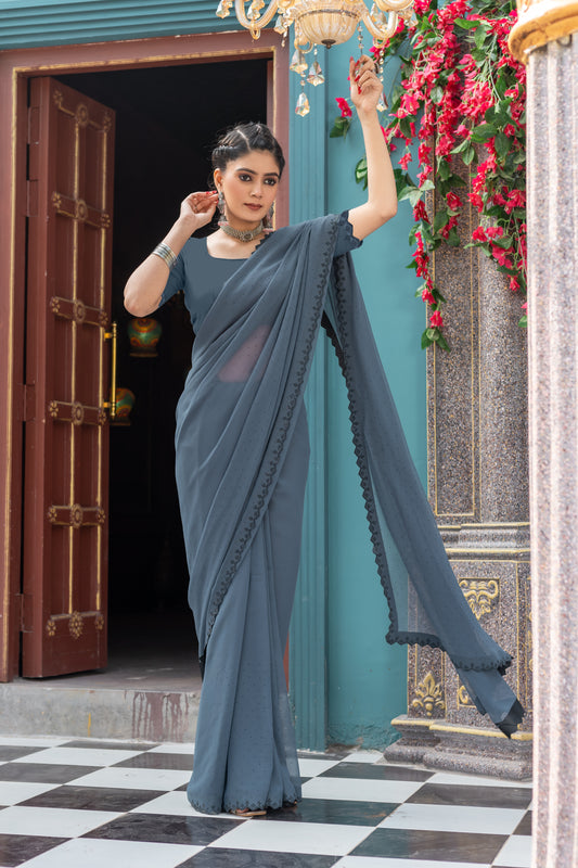 Leelavati Embellished Bollywood Chiffon Saree (Grey)