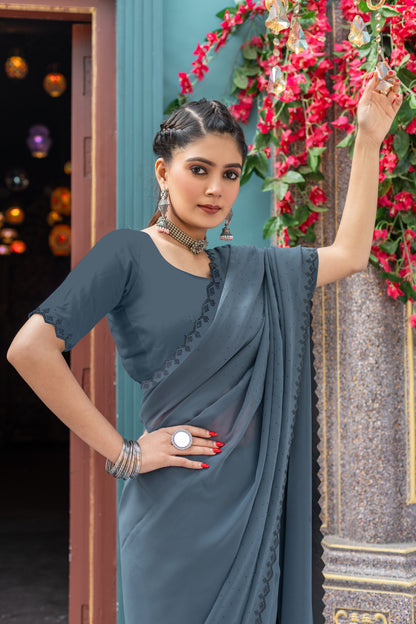 Leelavati Embellished Bollywood Chiffon Saree (Grey)