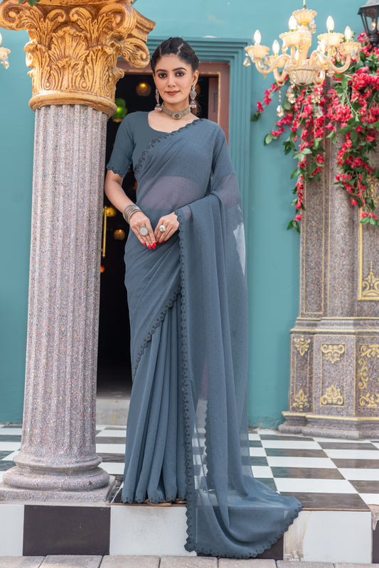 Leelavati Embellished Bollywood Chiffon Saree (Grey)