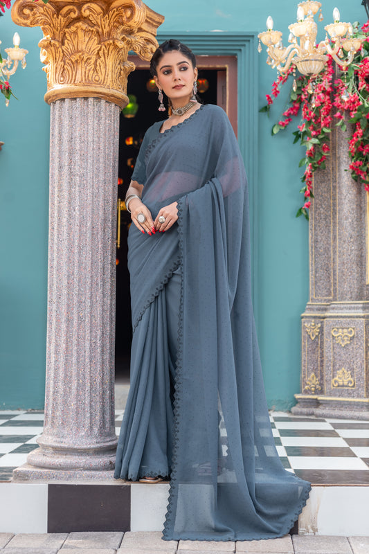 Leelavati Embellished Bollywood Chiffon Saree (Grey)