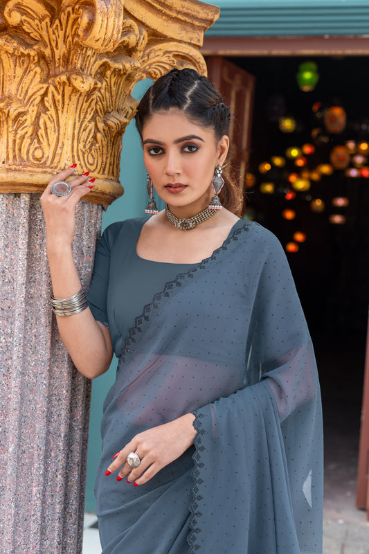 Leelavati Embellished Bollywood Chiffon Saree (Grey)